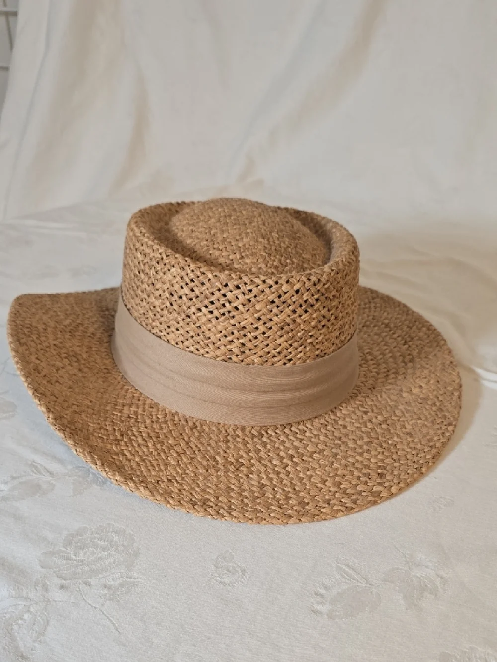 Peter Grimm Natural Brown Straw Fedora Panama‎ Hat with Tan Band One Size
